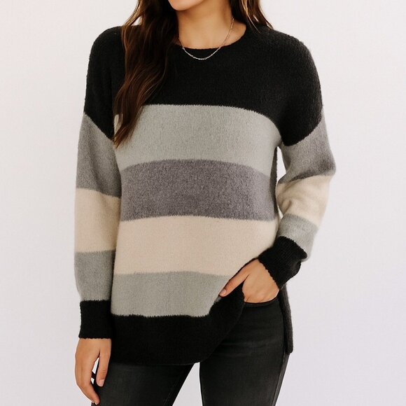VICI Striped Longline Sweater Soft Knit Pullover Gray Black Beige Cozy Size L - Picture 2 of 16